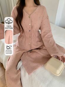 DAZY 女款甜美波點滿版印花 100% 純棉紋理布料蕾絲飾邊睡衣套裝，適合秋冬春季 - 粉色 - 查看 3