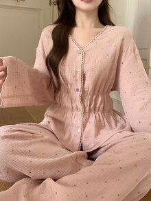 DAZY 女款甜美波點滿版印花 100% 純棉紋理布料蕾絲飾邊睡衣套裝，適合秋冬春季 - 粉色 - 查看 11
