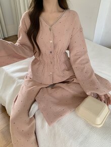 DAZY 女款甜美波點滿版印花 100% 純棉紋理布料蕾絲飾邊睡衣套裝，適合秋冬春季 - 粉色 - 查看 13