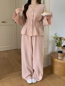 DAZY 女款甜美波點滿版印花 100% 純棉紋理布料蕾絲飾邊睡衣套裝，適合秋冬春季 - 粉色 - 查看 9