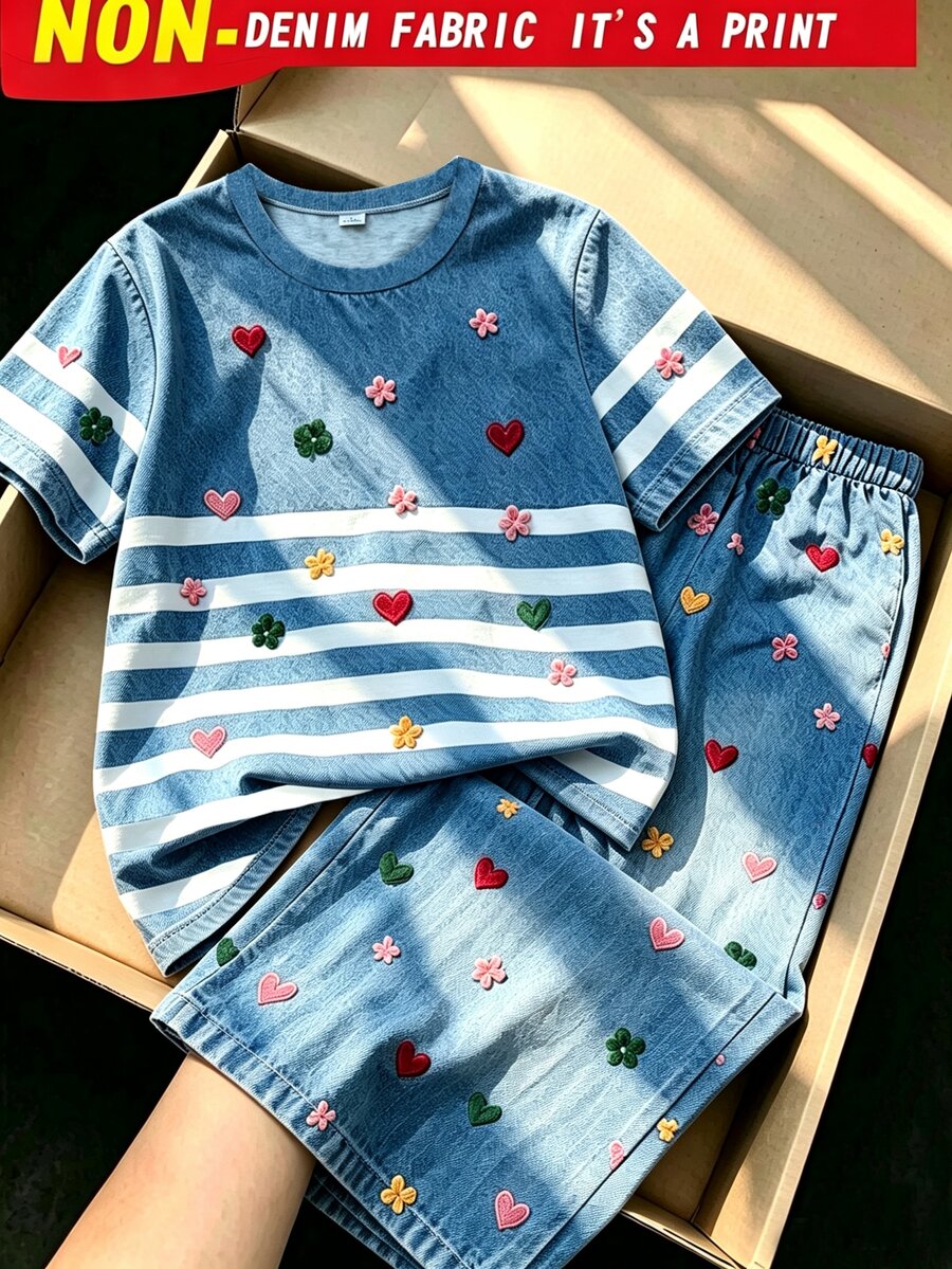 SHEIN 女童2件套可愛印花T恤上衣 + 拼色條紋休閒直筒長褲,校園度假風藍色與白色,夏季款 - 藍色 - 查看 1
