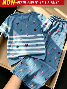 SHEIN 女童2件套可愛印花T恤上衣 + 拼色條紋休閒直筒長褲，校園度假風藍色與白色，夏季款 - 藍色 - 查看 2