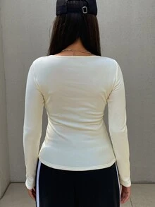 DAZY Women's Plain Crew Neck Casual Long Sleeve T-Shirt,Thermal Lined Fall,Winter - Beige - View 4