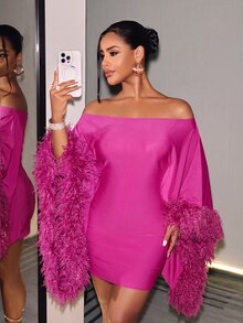 SHEIN VaVaLuxe 女款毛絨拼接露肩休閒優雅性感派對夜店短洋裝 粉色夏季 - 玫紅色 - 查看 4