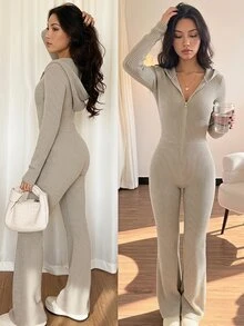 Teen Girl Solid Color Hooded Slim Fit Flare Jumpsuit - Apricot - View 1