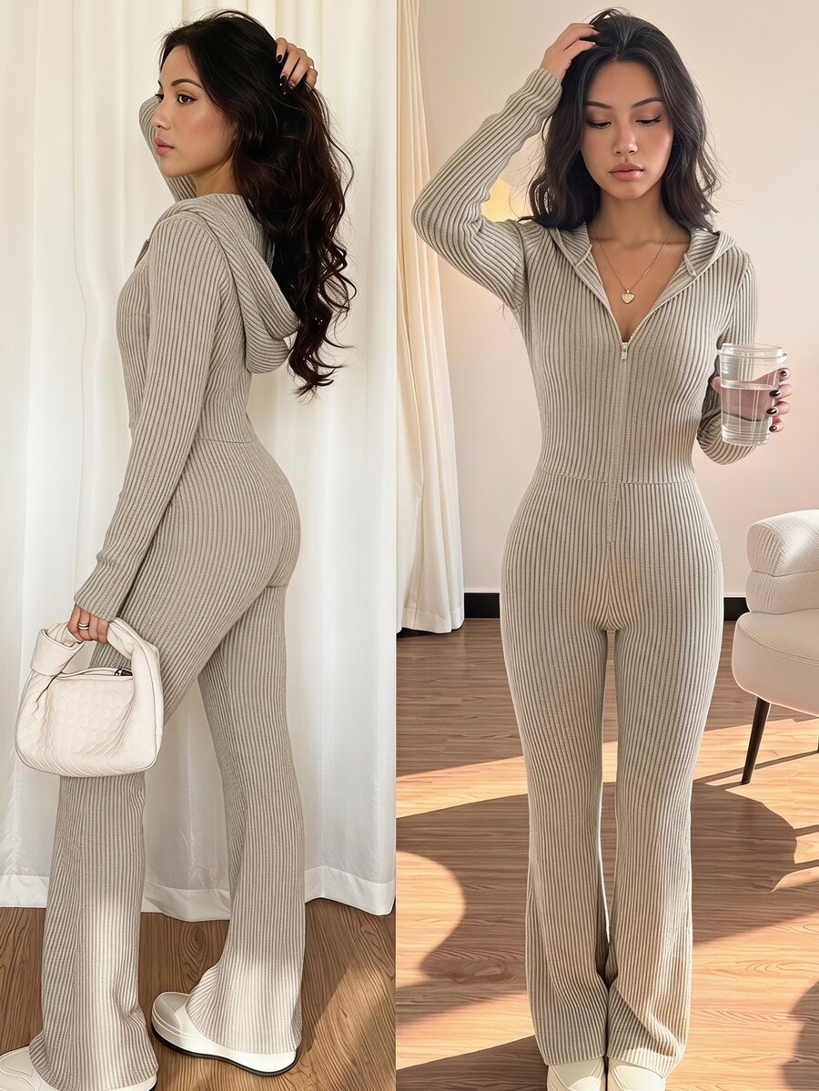 Teen Girl Solid Color Hooded Slim Fit Flare Jumpsuit - Apricot - View 1