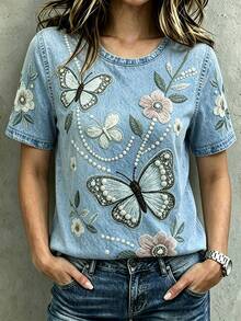 Selamara [印花設計] 女款 T-shirt，淺藍色花卉，夏季可愛仙女風度假牛仔效果刺繡工藝，仿珍珠裝飾蝴蝶與花卉圖案印花上衣 - 彩色 - 查看 6