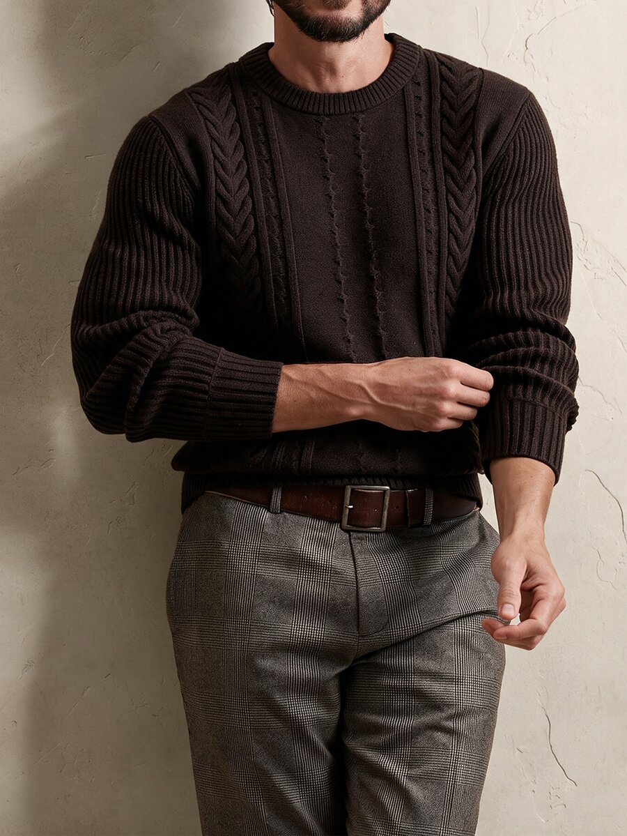 Manfinity CasualKnits 男士復古時尚長袖羅紋針織衫，舒適秋冬夾克 - 彩色 - 查看 1