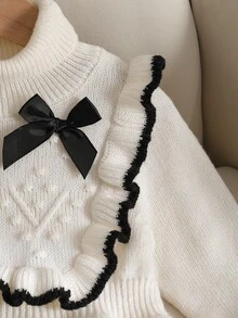 Souflis 幼女幼童乳白色與黑色對比蝴蝶結針織毛衣洋裝，可愛荷葉邊圓領高領套頭長袖針織洋裝，柔軟舒適面料，適合秋冬穿著，可單穿或搭配外套，適合假期、外出、聚會、娛樂、休閒等多種場合 - 白色 - 查看 4