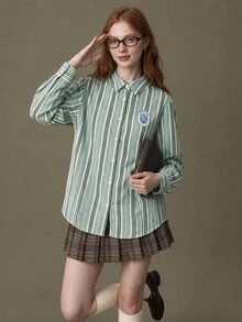 Elnivra Women's Green And White Striped Long Sleeve Single-Breasted Casual Preppy Classy Loose Fit Shirt Everyday School Fall - Multicolor - View 5