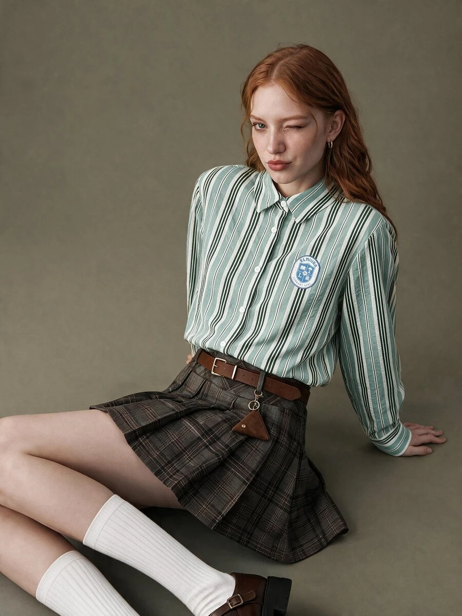Elnivra Women's Green And White Striped Long Sleeve Single-Breasted Casual Preppy Classy Loose Fit Shirt Everyday School Fall - Multicolor - View 1