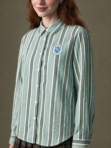 Elnivra Women's Green And White Striped Long Sleeve Single-Breasted Casual Preppy Classy Loose Fit Shirt Everyday School Fall - Multicolor - View 7