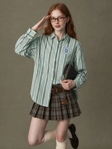 Elnivra Women's Green And White Striped Long Sleeve Single-Breasted Casual Preppy Classy Loose Fit Shirt Everyday School Fall - Multicolor - View 9
