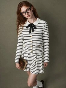 Elnivra Women's Striped Long Sleeve Single-Breasted Jacket And Pleated Skirt 2 Pieces Set, Preppy Style - Multicolor - View 7