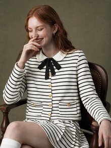 Elnivra Women's Striped Long Sleeve Single-Breasted Jacket And Pleated Skirt 2 Pieces Set, Preppy Style - Multicolor - View 5