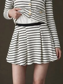 Elnivra Women's Striped Long Sleeve Single-Breasted Jacket And Pleated Skirt 2 Pieces Set, Preppy Style - Multicolor - View 8
