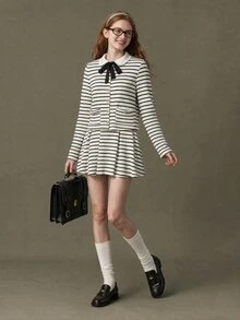 Elnivra Women's Striped Long Sleeve Single-Breasted Jacket And Pleated Skirt 2 Pieces Set, Preppy Style - Multicolor - View 4