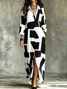 SHEIN Black And White Geometric Asymmetrical Print Women's Long Sleeve Collared Single-Breasted Slit Shirt Dress Vacation Autumn Casual - Black and White - View 4