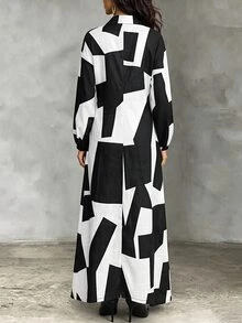 SHEIN Black And White Geometric Asymmetrical Print Women's Long Sleeve Collared Single-Breasted Slit Shirt Dress Vacation Autumn Casual - Black and White - View 2