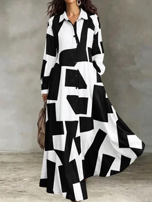 SHEIN Black And White Geometric Asymmetrical Print Women's Long Sleeve Collared Single-Breasted Slit Shirt Dress Vacation Autumn Casual - Black and White - View 5