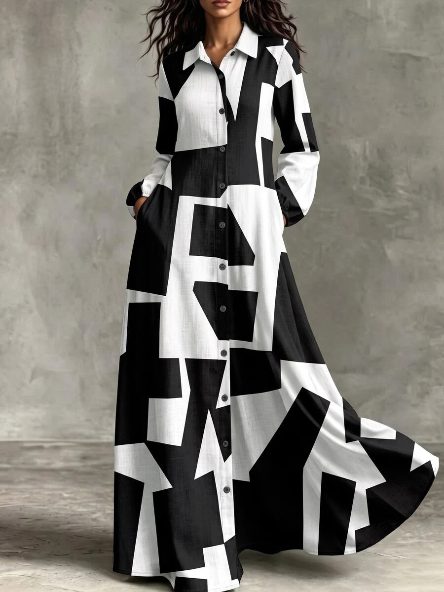 SHEIN Black And White Geometric Asymmetrical Print Women's Long Sleeve Collared Single-Breasted Slit Shirt Dress Vacation Autumn Casual - Black and White - View 1