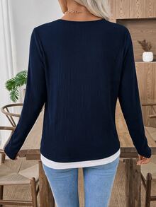 EMERY ROSE Women's 2 In 1 Patchwork Casual Daily Long Sleeve T-Shirt - Navy Blue - View 2
