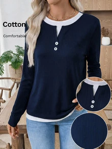 EMERY ROSE Women's 2 In 1 Patchwork Casual Daily Long Sleeve T-Shirt - Navy Blue - View 9