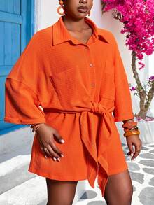Veslaya Orange Summer Casual Vacation Holiday Women's Short Sleeve Drop Shoulder Pocket Drawstring Shorts Set,Old Money Style Beach Festival Rave Outfits - Orange - View 13
