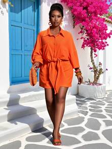 Veslaya Orange Summer Casual Vacation Holiday Women's Short Sleeve Drop Shoulder Pocket Drawstring Shorts Set,Old Money Style Beach Festival Rave Outfits - Orange - View 14