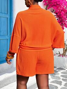 Veslaya Orange Summer Casual Vacation Holiday Women's Short Sleeve Drop Shoulder Pocket Drawstring Shorts Set,Old Money Style Beach Festival Rave Outfits - Orange - View 15