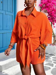 Veslaya Orange Summer Casual Vacation Holiday Women's Short Sleeve Drop Shoulder Pocket Drawstring Shorts Set,Old Money Style Beach Festival Rave Outfits - Orange - View 11