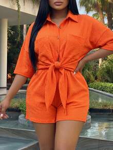 Veslaya Orange Summer Casual Vacation Holiday Women's Short Sleeve Drop Shoulder Pocket Drawstring Shorts Set,Old Money Style Beach Festival Rave Outfits - Orange - View 4