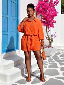 Veslaya Orange Summer Casual Vacation Holiday Women's Short Sleeve Drop Shoulder Pocket Drawstring Shorts Set,Old Money Style Beach Festival Rave Outfits - Orange - View 9