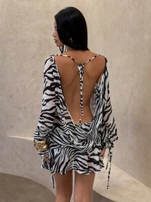 Aloruh Women's Fashion Sexy Zebra Print Backless Mini Dress,Halloween - Black and White - View 6