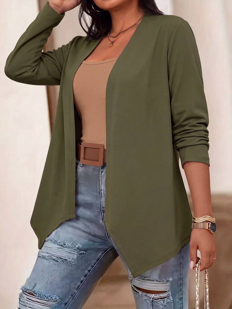 SHEIN PETITE CURVE Plus Size Women's Elegant Casual Asymmetrical Hem Cardigan Jacket Fall - Olive Green - View 1