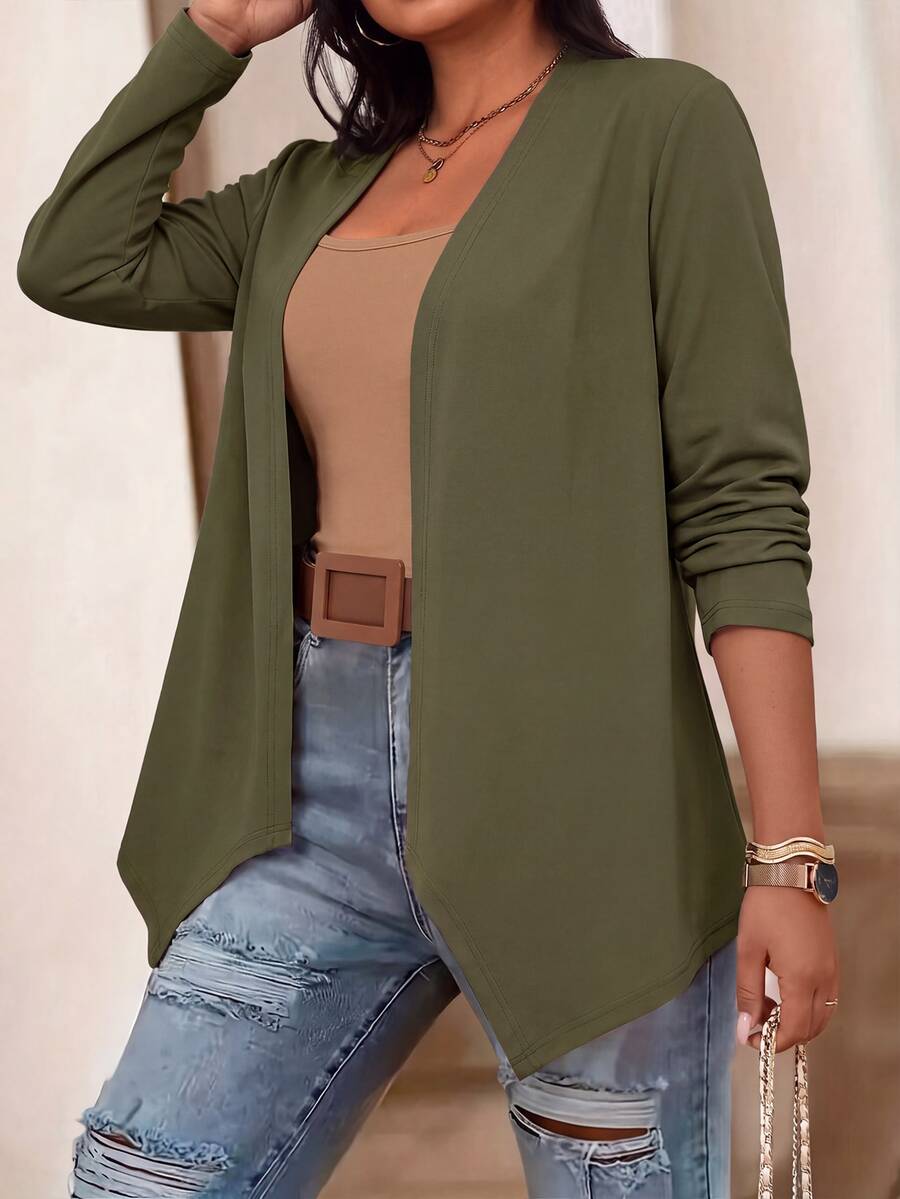 SHEIN PETITE CURVE Plus Size Women's Elegant Baggy Casual Asymmetrical Hem Cardigan Jacket Fall Office Business Olive Green - Olive Green - View 1