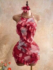 Mistrie 2026 Lady's Dark Red Floral Summer Girly Vacation Night Out Party Club Neckline Print Spaghetti Strap Dress,Ruffled Border Design,Y2K Sexy - Dark Red - View 5