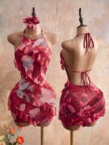 Mistrie 2026 Lady's Dark Red Floral Summer Girly Vacation Night Out Party Club Neckline Print Spaghetti Strap Dress,Ruffled Border Design,Y2K Sexy - Dark Red - View 3