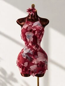 Mistrie 2026 Lady's Dark Red Floral Summer Girly Vacation Night Out Party Club Neckline Print Spaghetti Strap Dress,Ruffled Border Design,Y2K Sexy - Dark Red - View 1