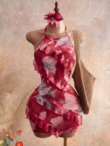 Mistrie 2026 Lady's Dark Red Floral Summer Girly Vacation Night Out Party Club Neckline Print Spaghetti Strap Dress,Ruffled Border Design,Y2K Sexy - Dark Red - View 8