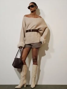 Aveloria Modichic Celana Pendek Wanita Model A-Line Pinggang Tinggi dari Kain Tweed Bertekstur dengan Kancing Samping dan Dekorasi Logam, Lipatan Depan, Motif Houndstooth Cokelat Kotak-kotak Elegan Bergaya Vintage - MultiWarna - View 4