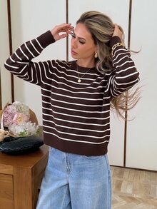 SHEIN Frenchy 女款棕色條紋針織開襟毛衣 秋冬復古後背蕾絲拼接長袖針織上衣 條紋休閒日常長袖毛衣 - 杏色 - 查看 2