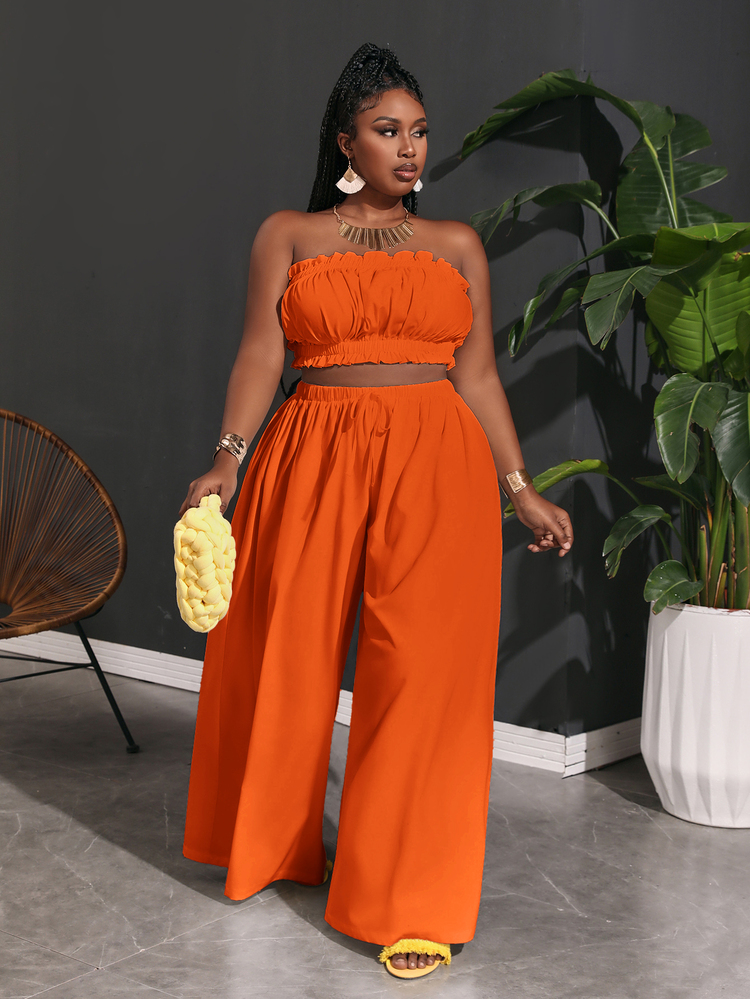 Women's Plus Size Ruffle Trim Cami Top Paperbag Waist Wide Leg Pants Vacation Beach Red Summer Tropical Curve Sexy - Orange - View 8