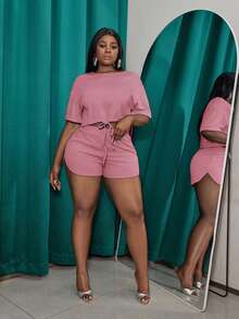 Veslaya Slayr Plus Size Solid Color Drawstring Waist Split Hem 2 Pieces Outfits, Summer Vacation Dusty Pink Casual - Dusty Pink - View 5