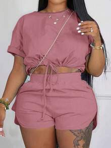 Veslaya Slayr Plus Size Solid Color Drawstring Waist Split Hem 2 Pieces Outfits, Summer Vacation Dusty Pink Casual - Dusty Pink - View 7