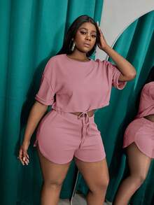 Veslaya Slayr Plus Size Solid Color Drawstring Waist Split Hem 2 Pieces Outfits, Summer Vacation Dusty Pink Casual - Dusty Pink - View 9