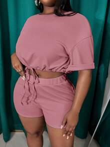 Veslaya Slayr Plus Size Solid Color Drawstring Waist Split Hem 2 Pieces Outfits, Summer Vacation Dusty Pink Casual - Dusty Pink - View 6