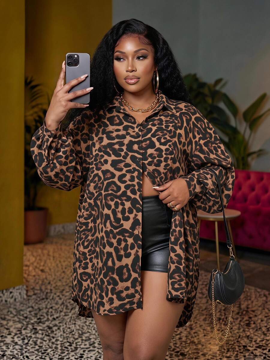 Veslaya Plus Size Autumn Elegant Leopard Print Drop Shoulder Button Shirt - Multicolor - View 1