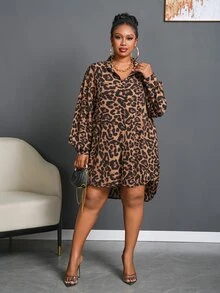 Veslaya Plus Size Autumn Elegant Leopard Print Drop Shoulder Button Shirt - Multicolor - View 5