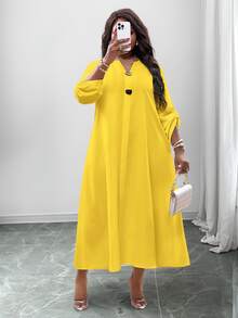 Veslaya New Plus Size Versatile All-Match Solid Color Pocket Casual Dress,Flowy Dress,Sun Dresses For Women Fall - Yellow - View 5
